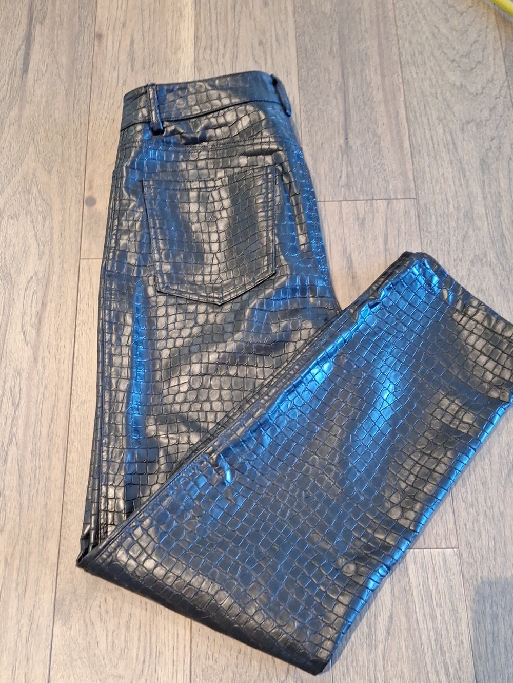 Reptile, print vegan leather, straight leg pants.